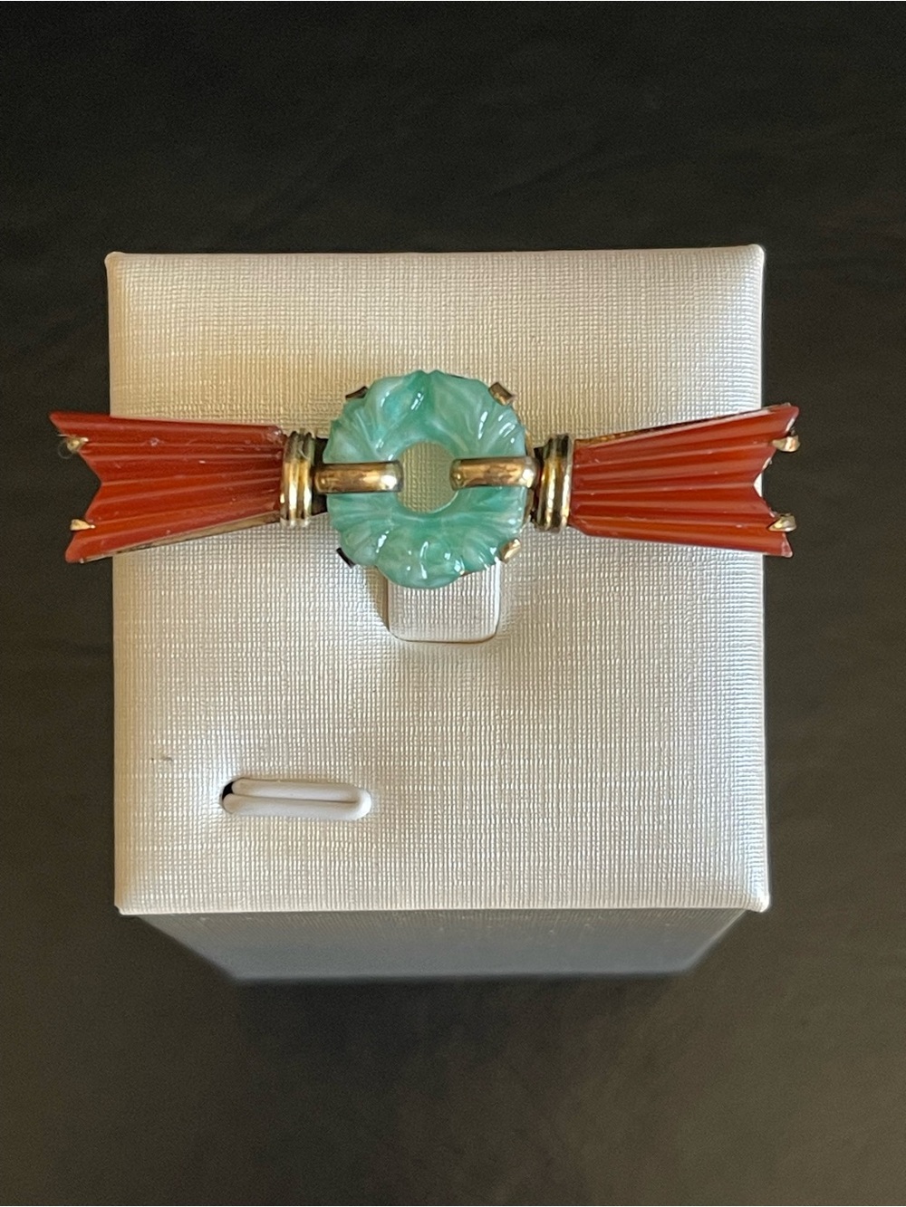Vintage Germany gold filled simulated green jade brooch.